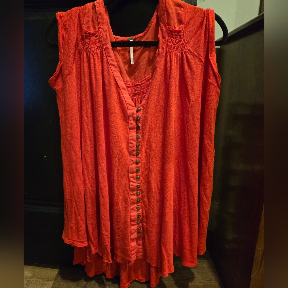 FREE PEOPLE Red Button-Down Women's Top- Oversized